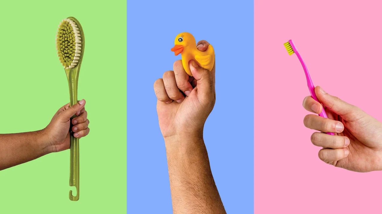 Three photographs show hands holding a green brush, a yellow rubber duck and a pink toothbrush against colored backgrounds.