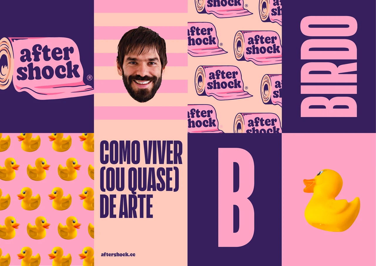 An Aftershock mosaic mixes toilet-paper rolls, ducks, a cutout portrait and purple typography on pink, peach and yellow.