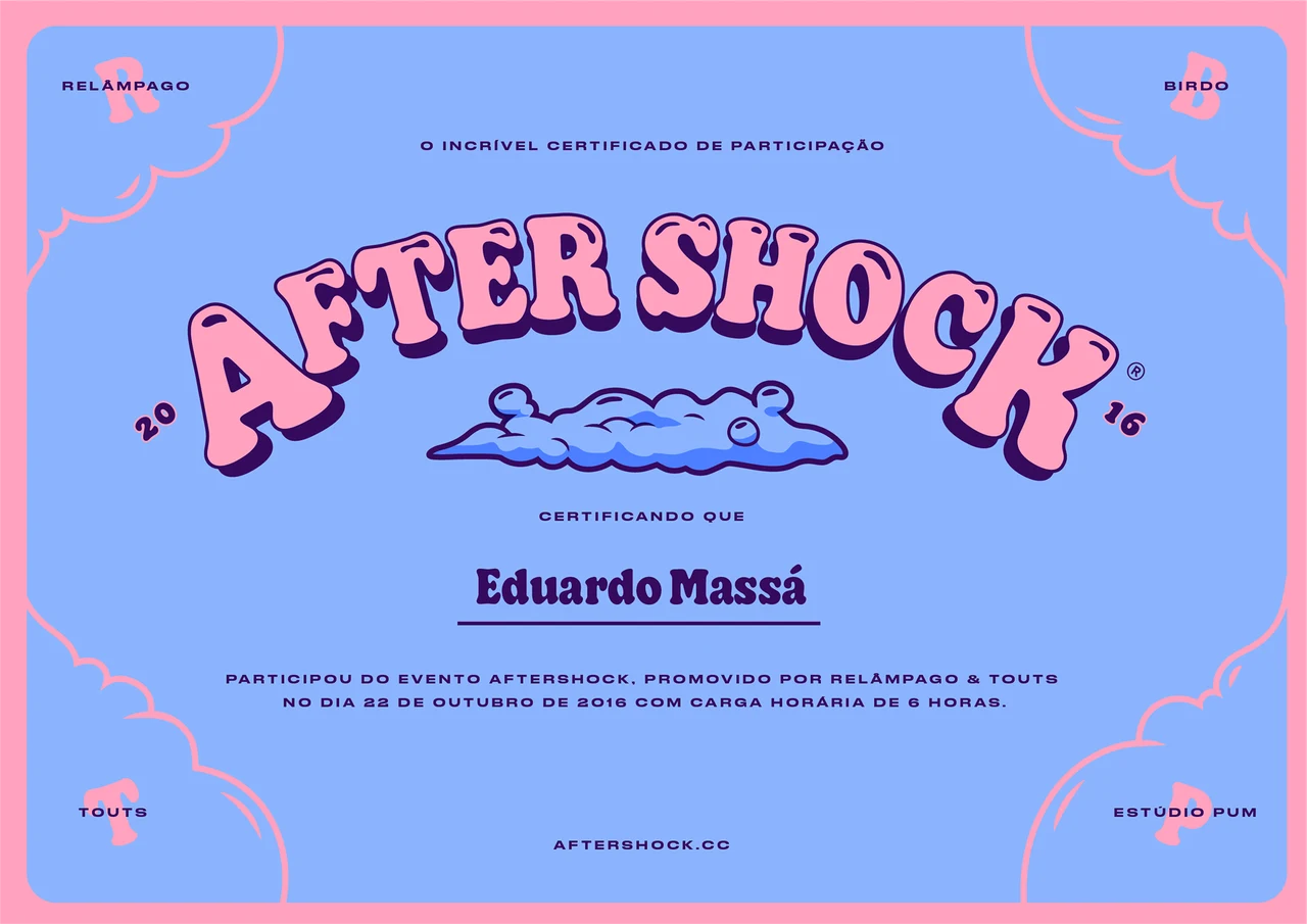 An Aftershock participation certificate features curved pink lettering, purple text and an ornamental border on blue.