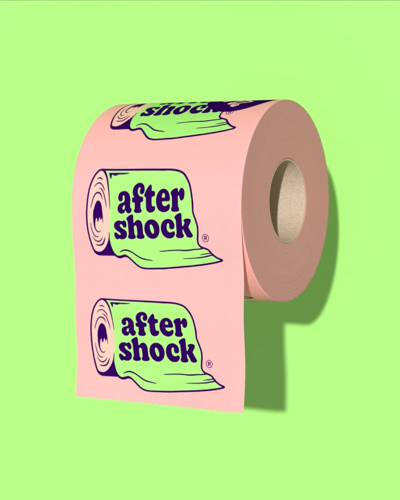 A pink toilet-paper roll bearing purple and green Aftershock labels casts a shadow on lime green.