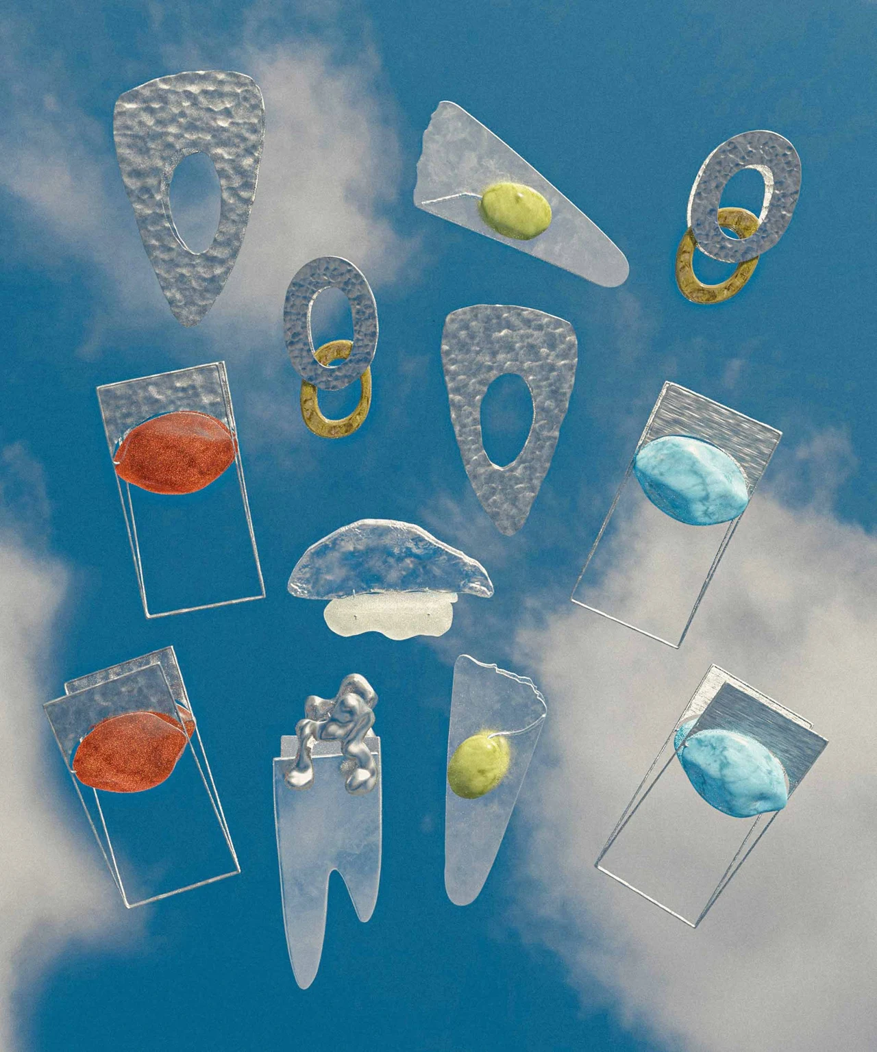 Geometric and organic jewelry floats against a blue cloudy sky, combining silver metal and colorful stones.