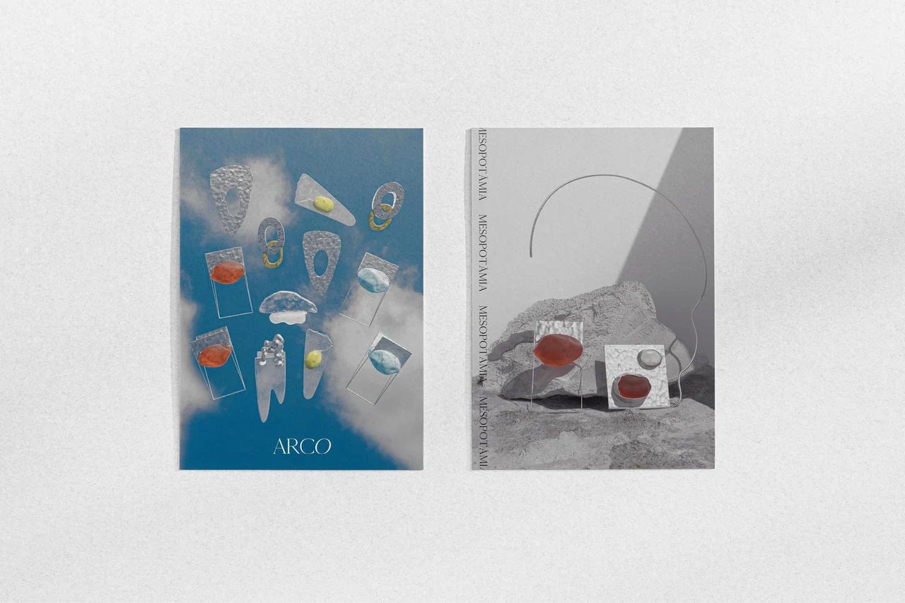 Two ARCO print layouts show jewelry floating in a blue sky and a necklace on stone, alternating color and neutral tones.