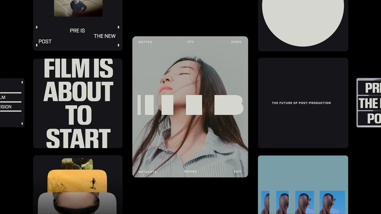 Board of BATCH graphics combining condensed typography, a woman's portrait, pale geometric cutouts and the phrase “Film is about to start” against black.