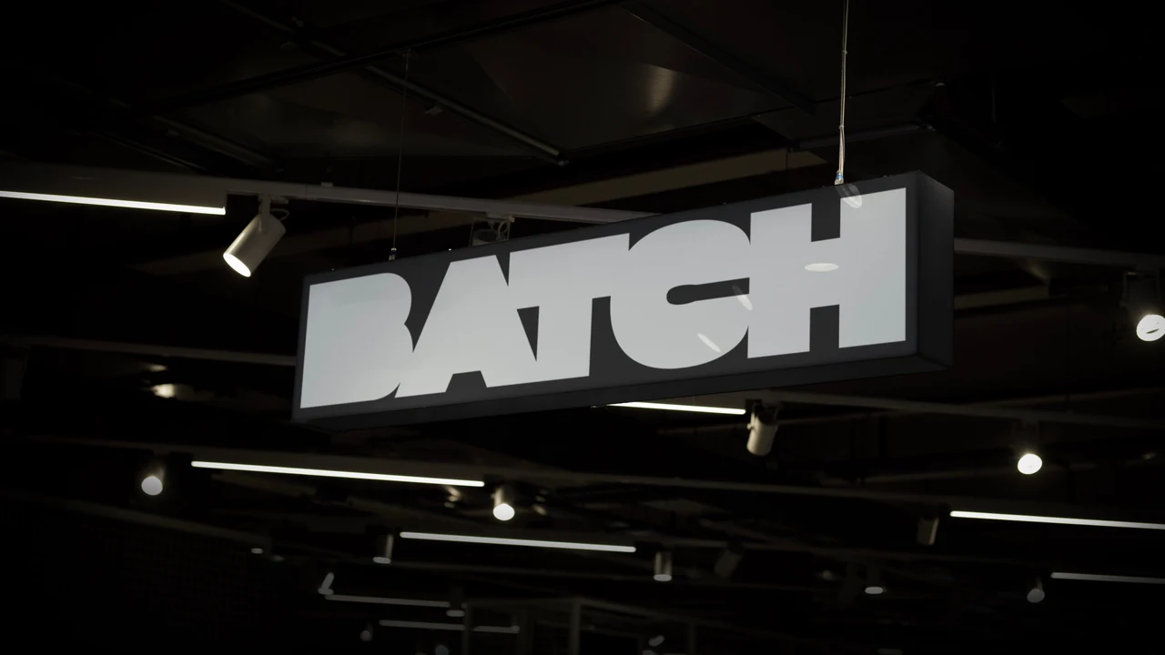 White BATCH wordmark applied to a black suspended sign, photographed beneath a dark ceiling structure and lighting.