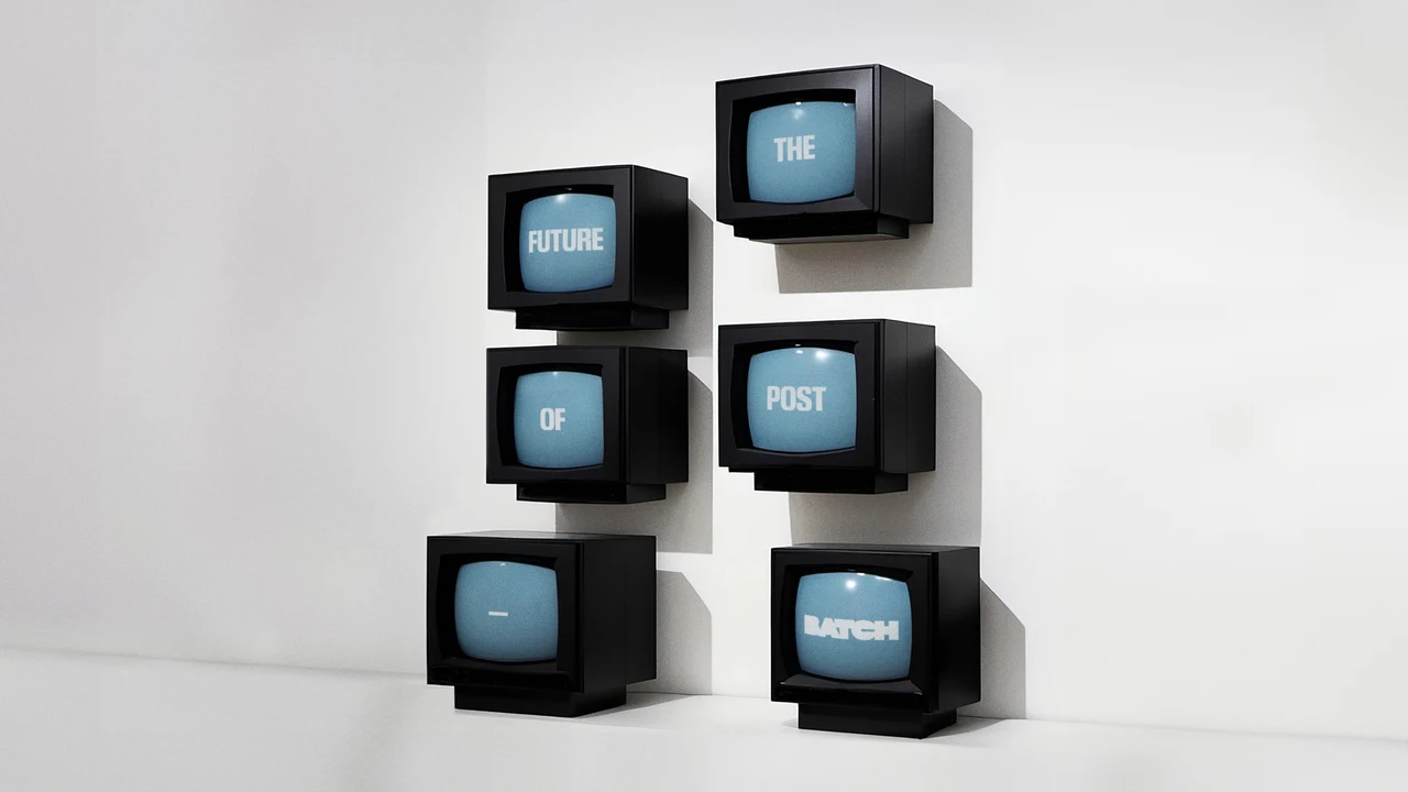 Six CRT televisions form a vertical composition on white; their blue screens split the message “The future of post” and display BATCH branding.