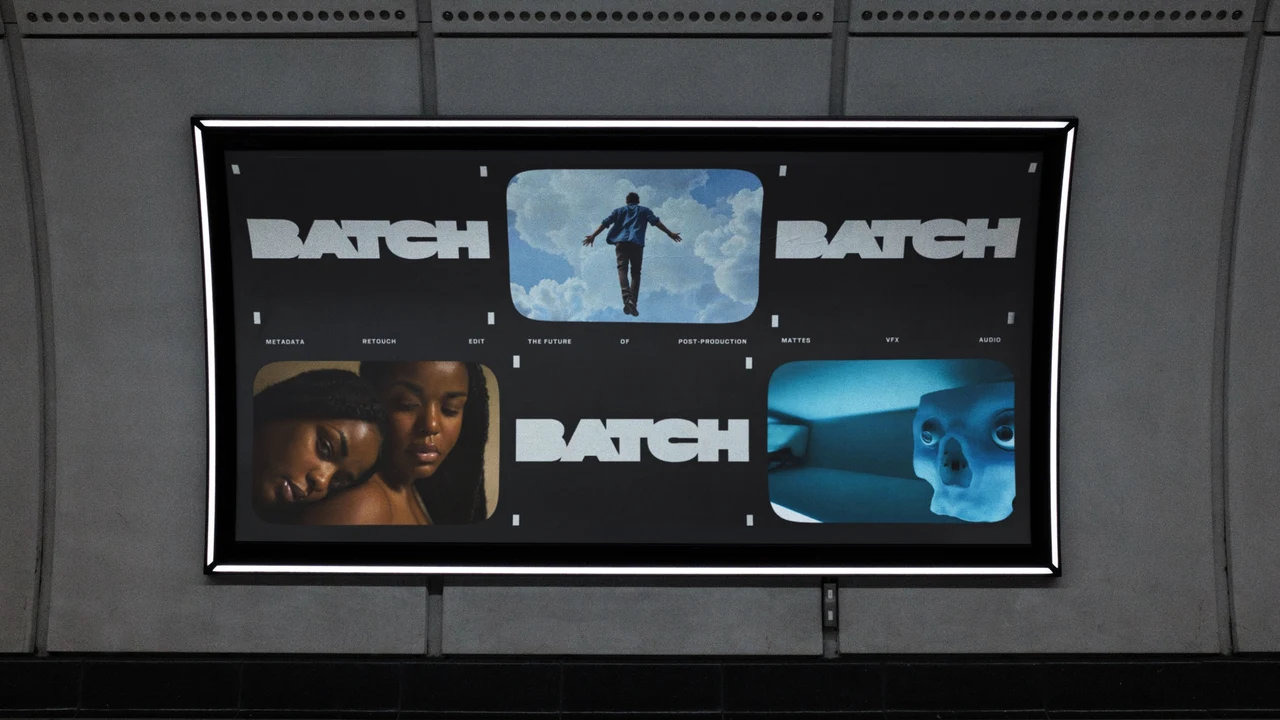 Framed outdoor poster combines three BATCH wordmarks with cinematic images of people and objects, arranged in rounded modules on black.