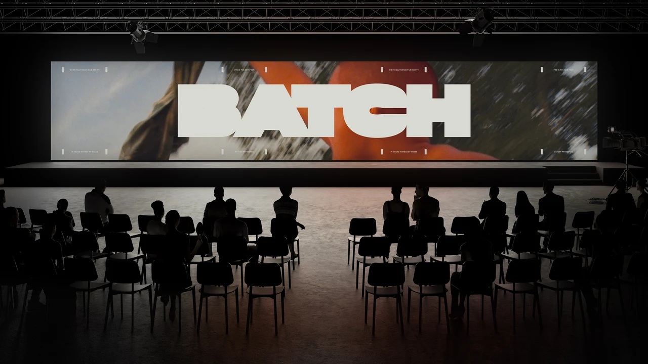 A panoramic auditorium screen displays a white BATCH wordmark over a cinematic montage, in front of seating and audience silhouettes.