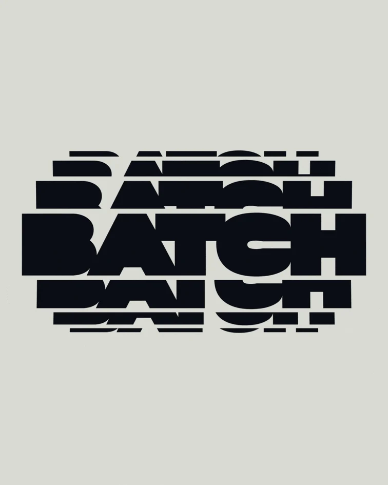 Animation of the black BATCH wordmark repeated in horizontal bands, compressed and layered at the center of a pale gray background.