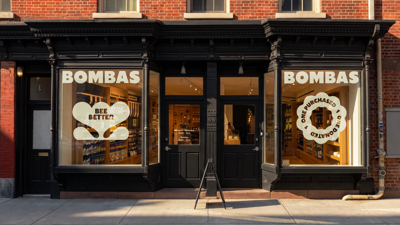Bombas store in a red-brick building with black shopfronts; the windows carry the BOMBAS wordmark, an organic Bee Better badge and a One Purchased, One Donated seal.