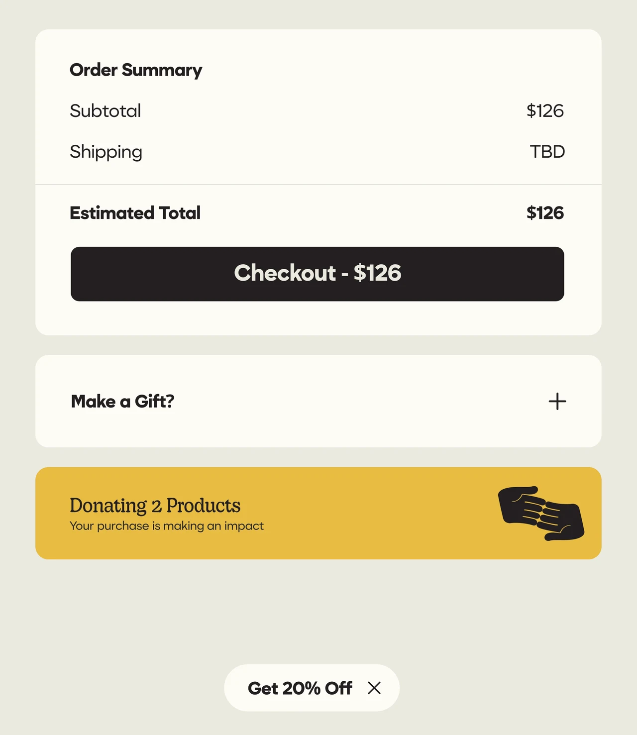 Checkout screen of the Bombas site with an order summary, a black Checkout – $126 button, a Make a Gift? option and a yellow banner noting two donated products.