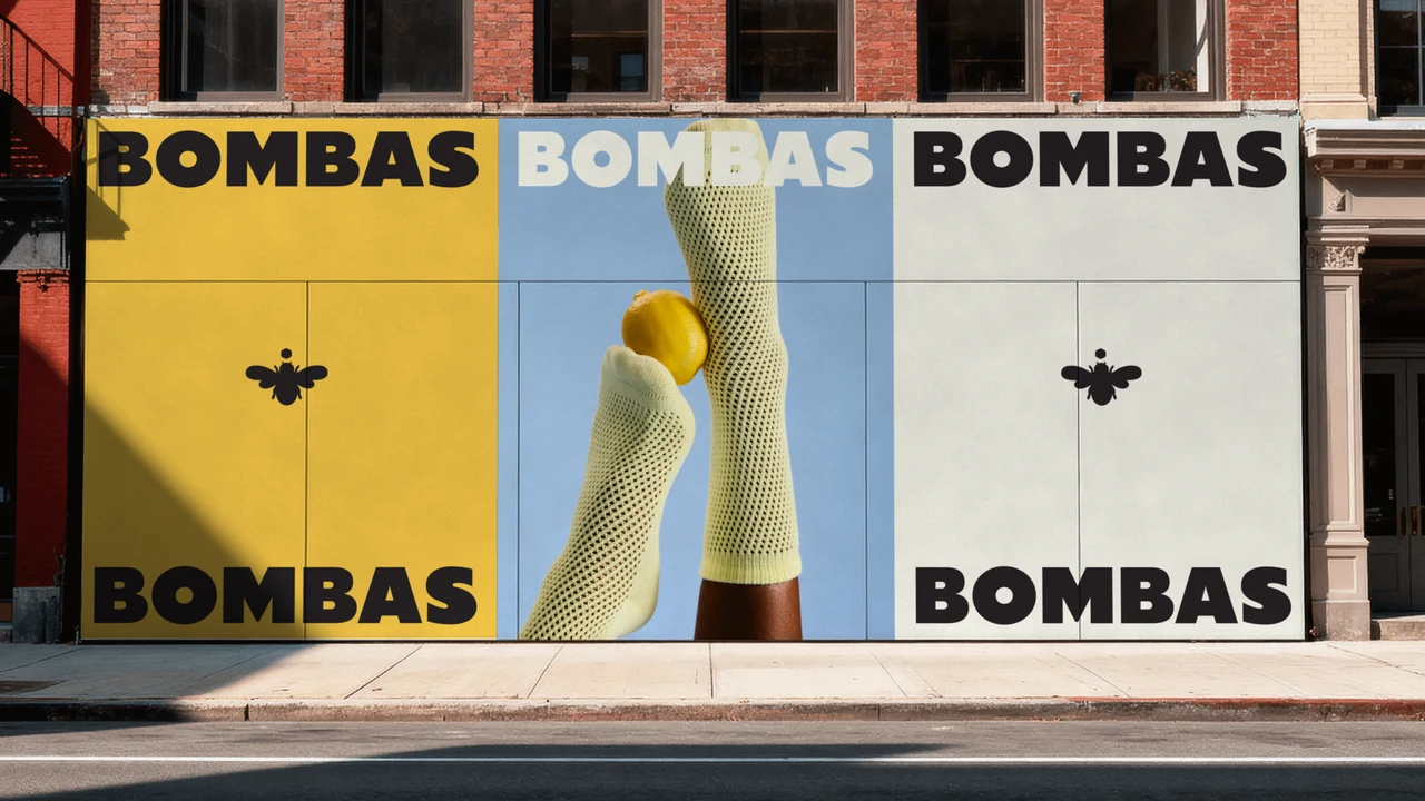 Street hoarding in yellow, pale blue and off-white panels with repeated BOMBAS wordmarks, black bee icons and a photo of legs in pale yellow mesh socks around a lemon.