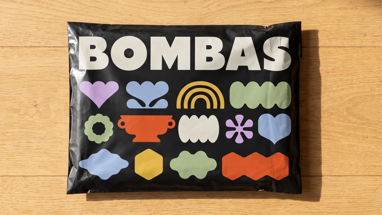 Black Bombas mailer bag on a wooden floor, printed with the BOMBAS wordmark and a grid of soft shapes in lilac, blue, yellow, green and orange.