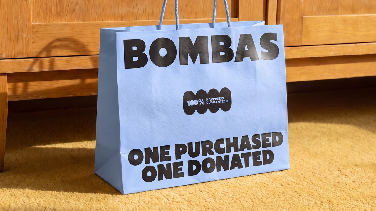 Pale blue Bombas shopping bag on a mustard carpet by a wooden cabinet, printed with the BOMBAS wordmark, a scalloped 100% Happiness Guaranteed badge and One Purchased One Donated.