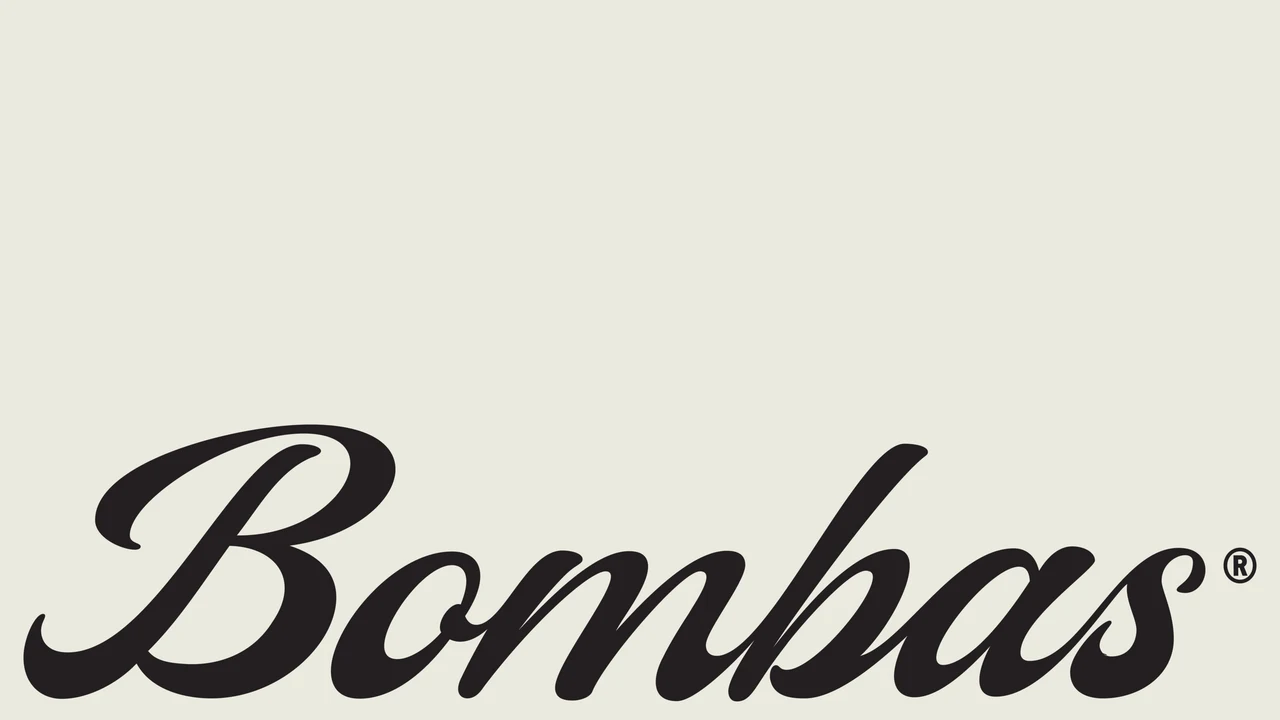 Black script Bombas logotype with a registered mark, set large on an off-white background.