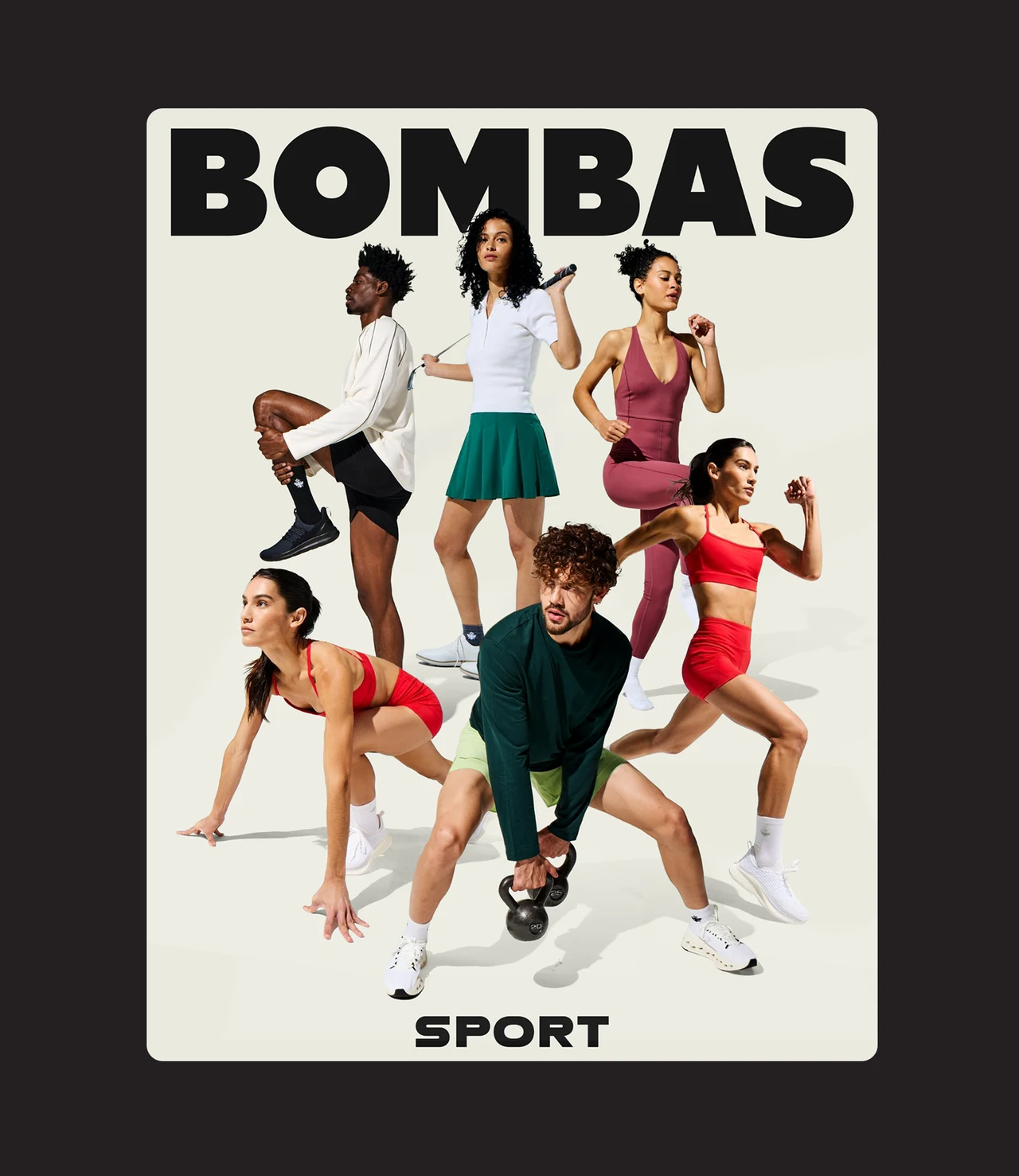 Bombas Sport poster on a dark background: an off-white card with the BOMBAS wordmark, six athletes stretching, lifting a kettlebell and running, and Sport at the bottom.