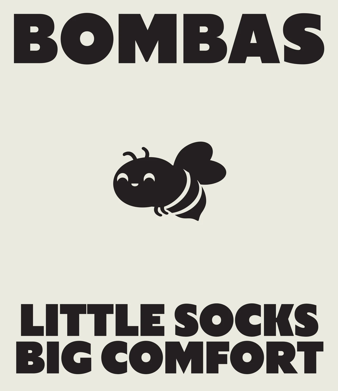 Off-white Bombas Kids graphic with the BOMBAS wordmark, a smiling cartoon bee and the line Little Socks Big Comfort.