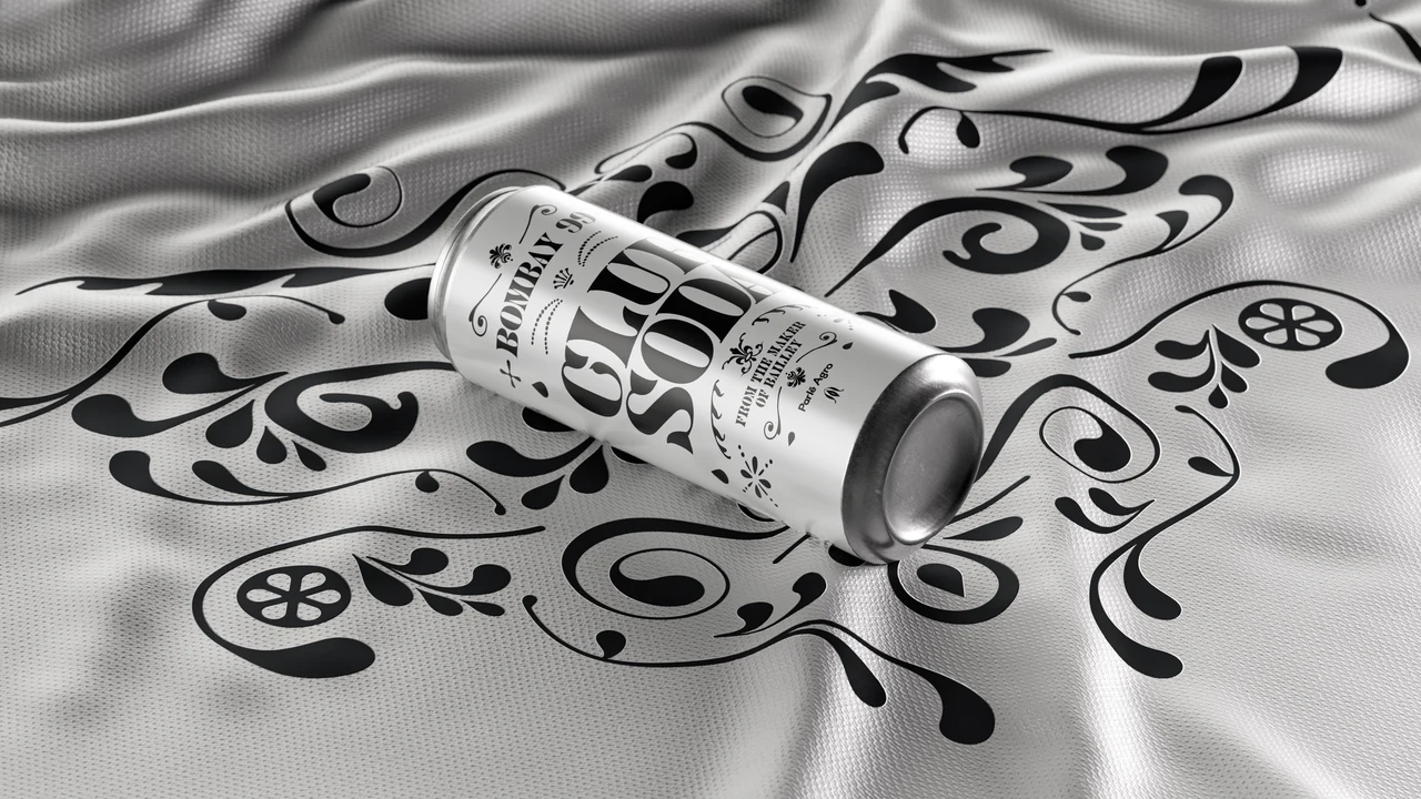 White Club Soda can lies on rippling gray fabric with a large black ornamental print, creating a monochrome scene.