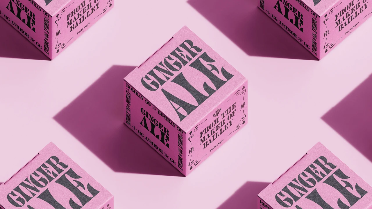 Pink Ginger Ale boxes repeat in an overhead view with strong diagonal shadows and black lettering covering their faces.