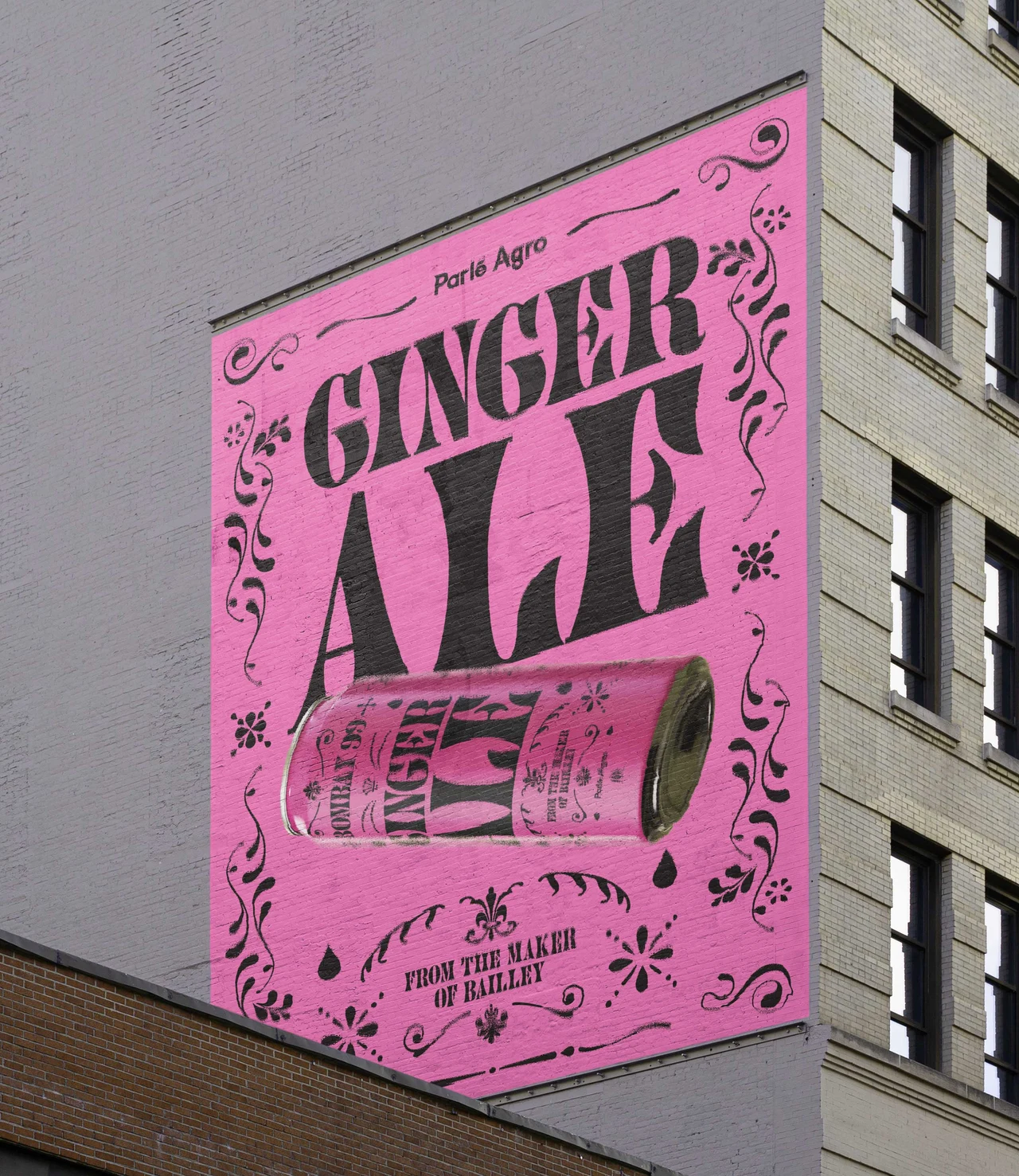Pink vertical facade advertisement combines oversized Ginger Ale lettering, a horizontal can and a black ornamental frame.