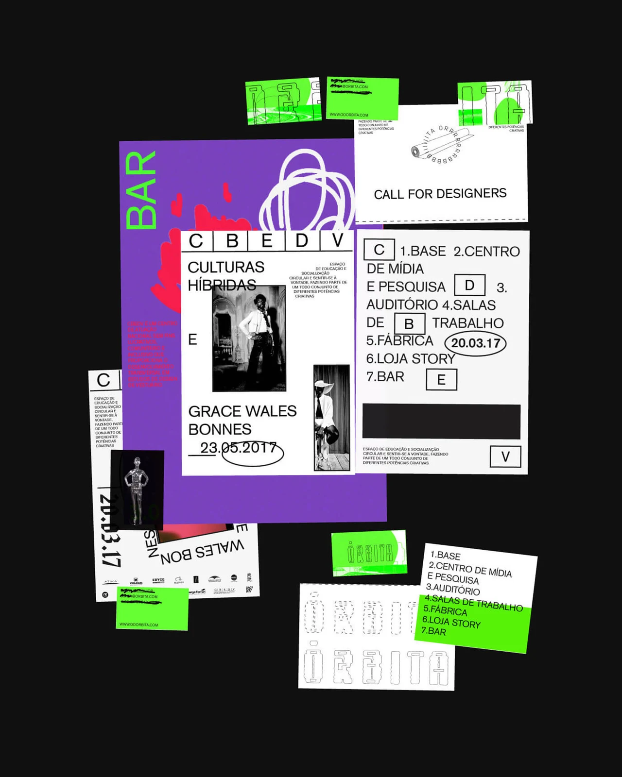A collection of CBEDV posters and cards on black combines modular typography, monochrome photographs and purple and green blocks.