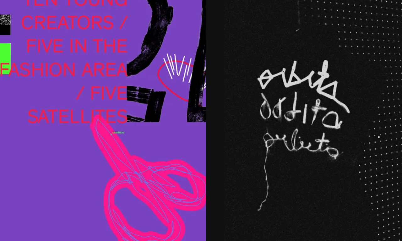 Graphic diptych pairing pink text and a drawn pair of scissors on purple with white handwritten lettering on a black texture.