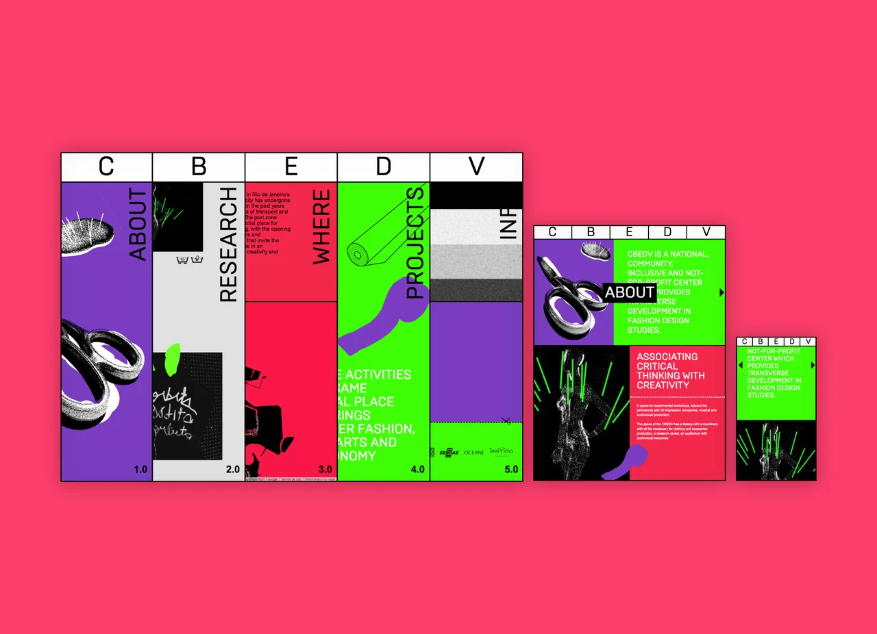 Responsive CBEDV website layouts for desktop, tablet and phone arrange navigation in purple, pink and green vertical panels.