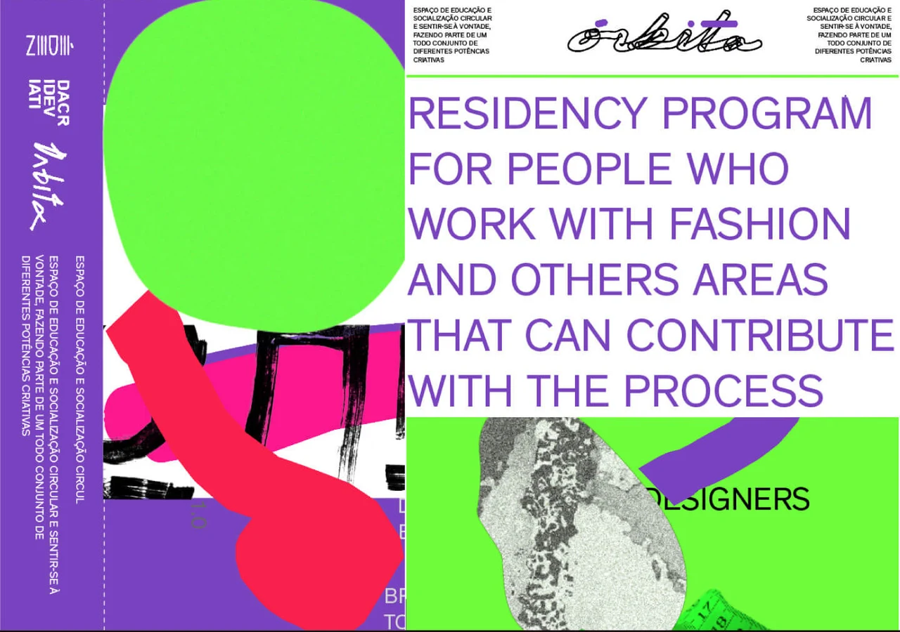Editorial composition with a residency-program message, a green circle, pink scissors and texture cutouts in purple and white.