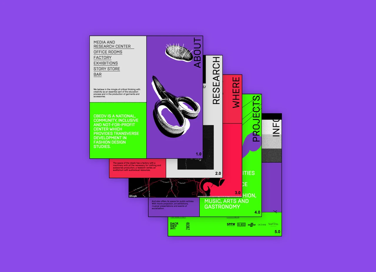 Vertical CBEDV website screens overlap like tabs, displaying About, Research, Where and Projects sections on purple.