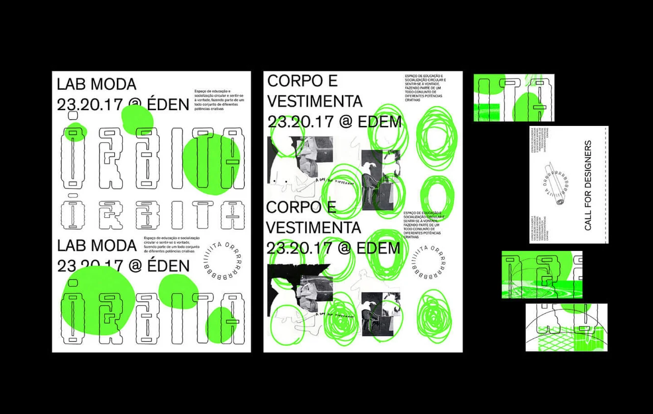Lab Moda and Corpo e Vestimenta posters are presented alongside white and green cards and graphic pieces on black.