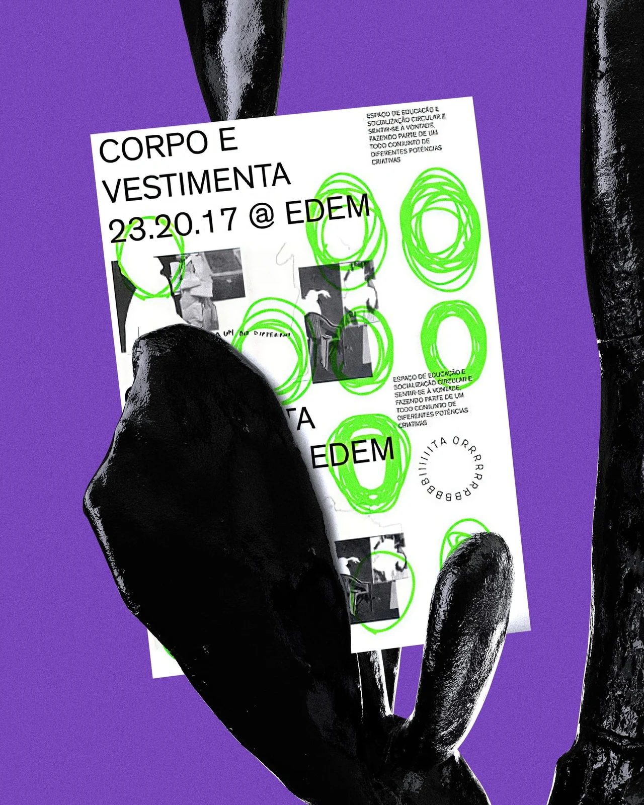A white Corpo e Vestimenta poster with green lettering and black-and-white images sits among black cactus forms against purple.