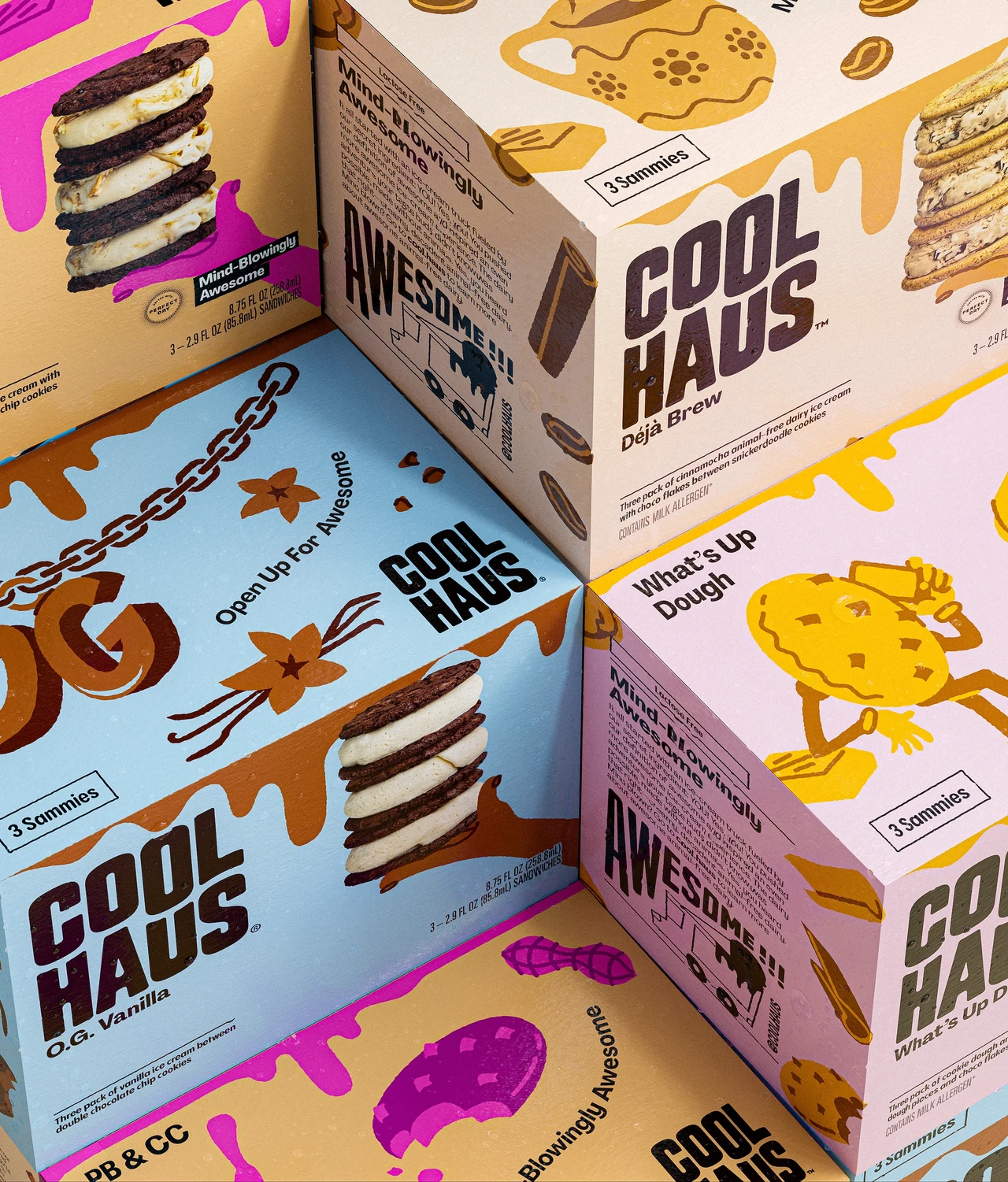 Stacked Coolhaus ice cream boxes reveal pastel-colored faces with large wordmarks, sandwich photography and ingredient illustrations.