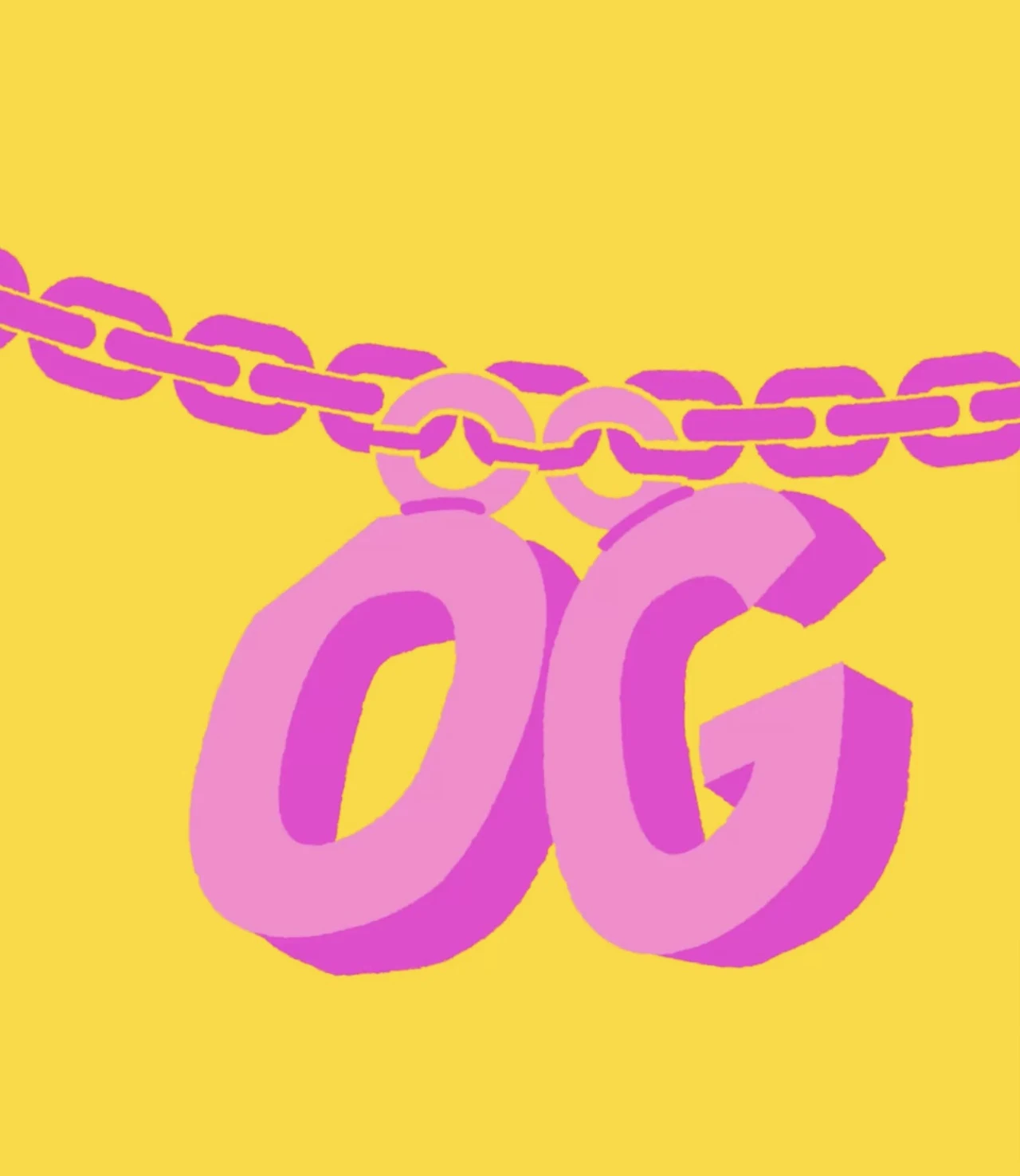 Pink illustration of a chain with a chunky “OG” pendant against a flat yellow background.