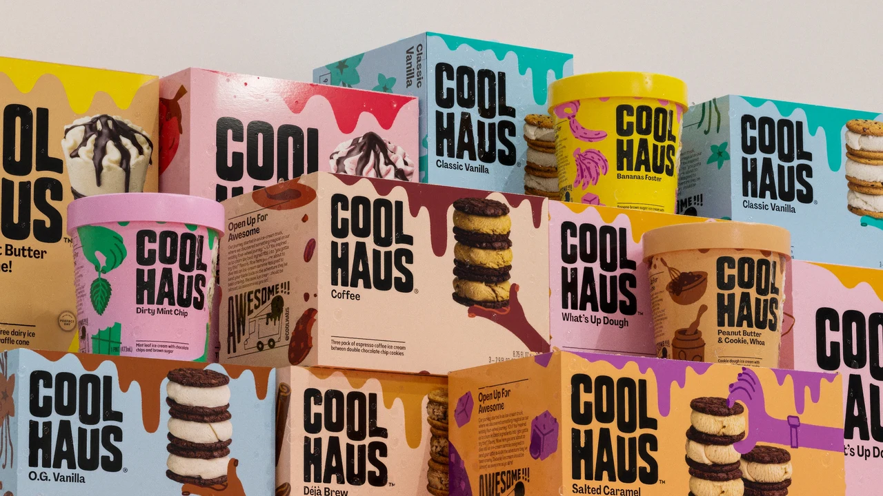Large overlapping arrangement of Coolhaus boxes and tubs shows the packaging system's variety, with pastels, graphic drips and ice cream photography.