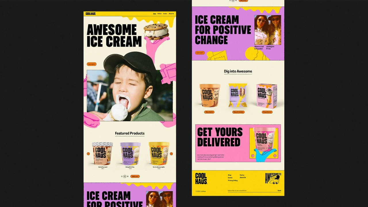 Two vertical Coolhaus website screens feature “Awesome ice cream”, a child photograph, product grids, delivery messaging and a yellow footer.
