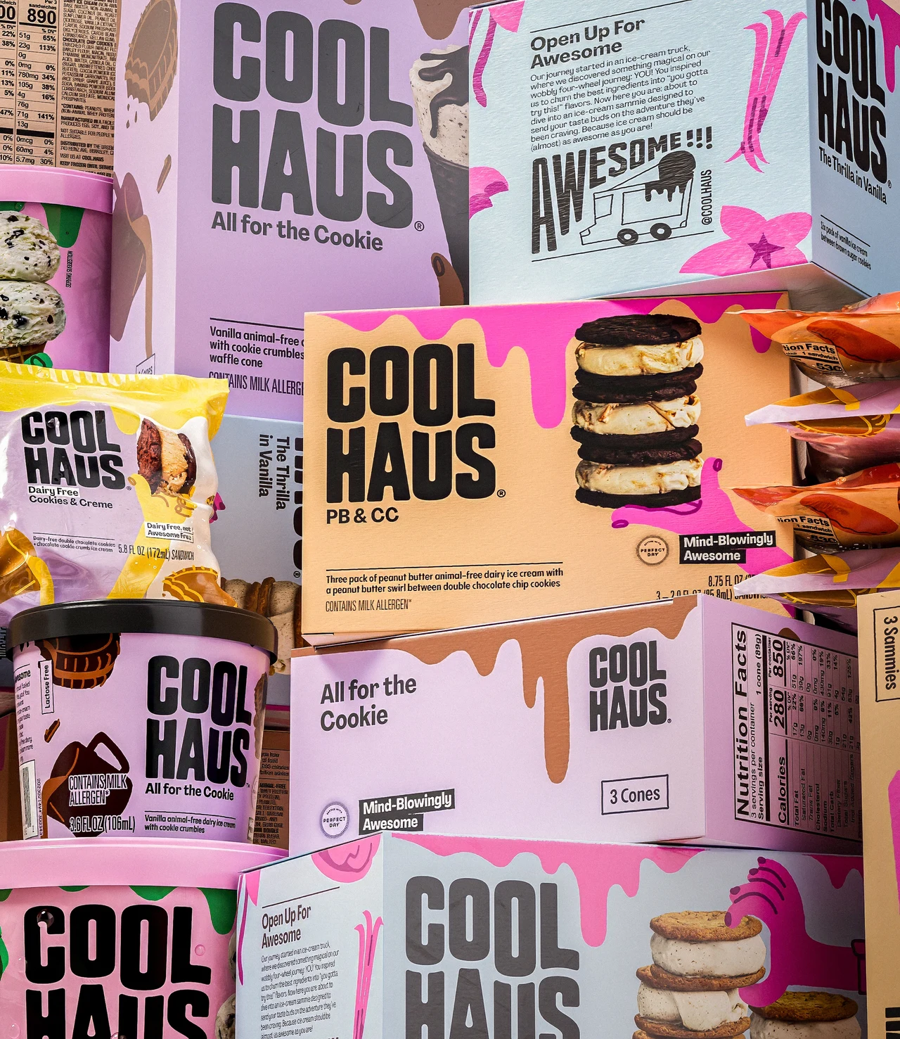 Close-up of stacked Coolhaus boxes and tubs highlights the contrast between ice cream photography, ingredient illustrations, black branding and side-panel messages.