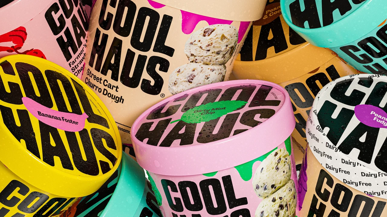 Tight framing brings together Coolhaus tubs and lids in pink, yellow, blue and cream, with black branding, flavor labels and ice cream texture images.
