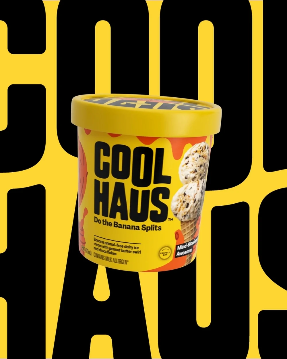 Yellow Coolhaus ice cream tub appears tilted in front of a yellow background covered by giant black letters; the packaging combines a condensed wordmark and product photography.