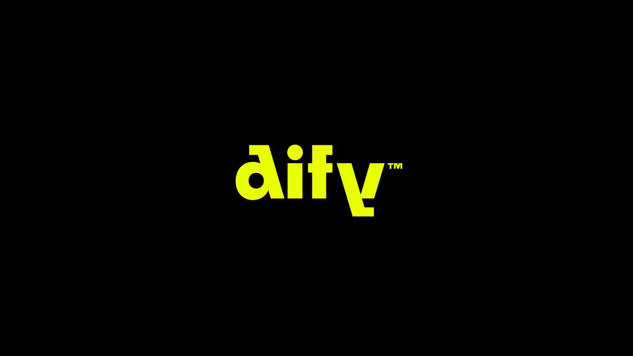 Yellow Dify wordmark on black, with mirrored forms and diagonal cuts in the letters.