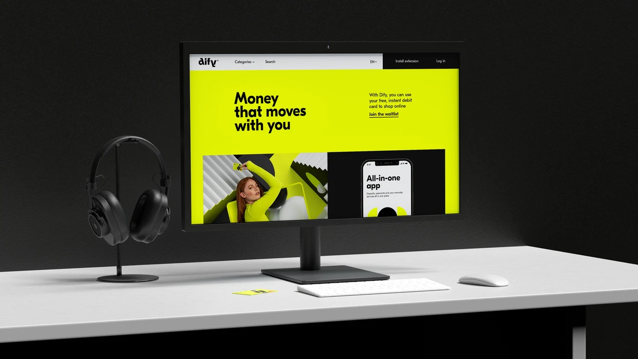 A desktop monitor shows the Dify website with black text on yellow, photography and an app introduction panel.