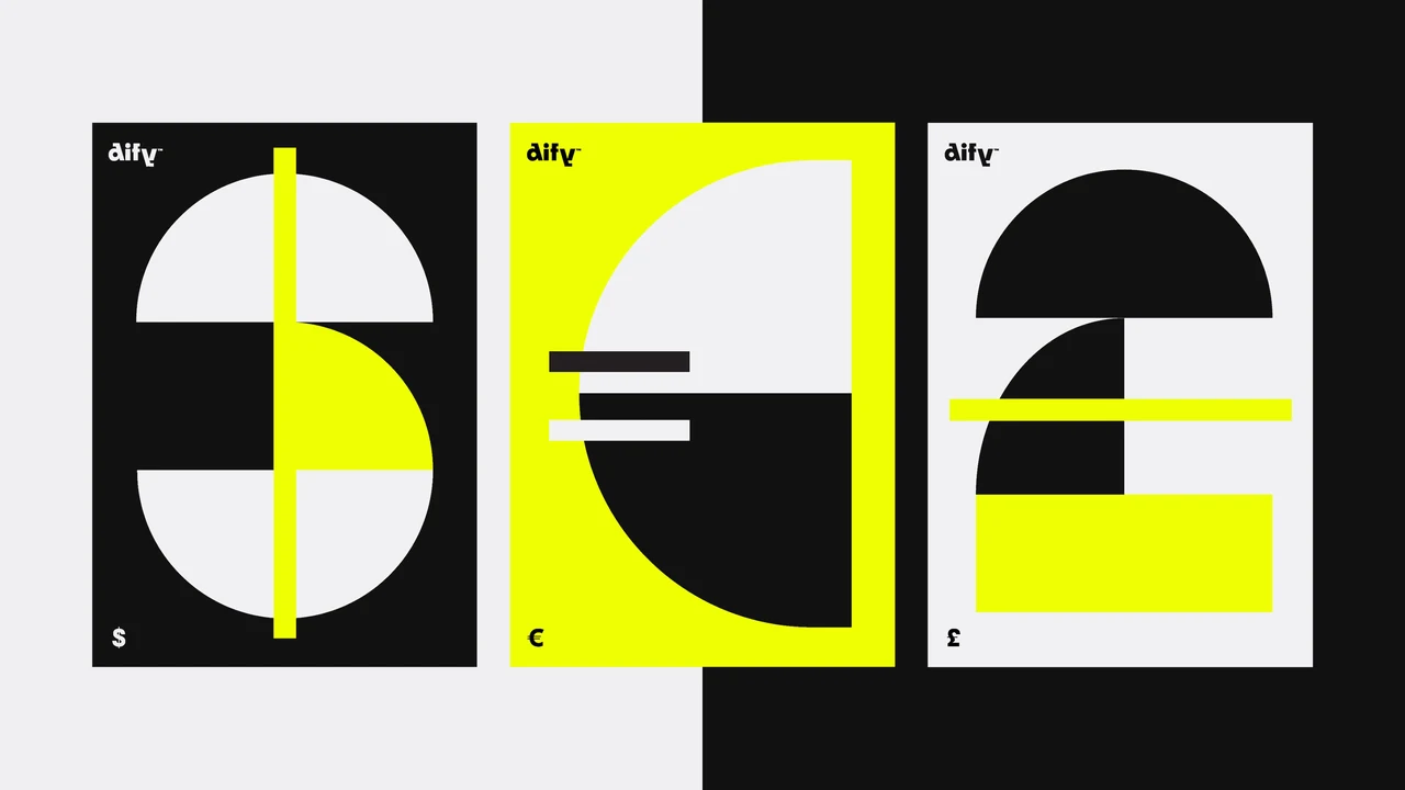 Three Dify posters depict currency symbols through semicircles and bars in black, white and yellow.