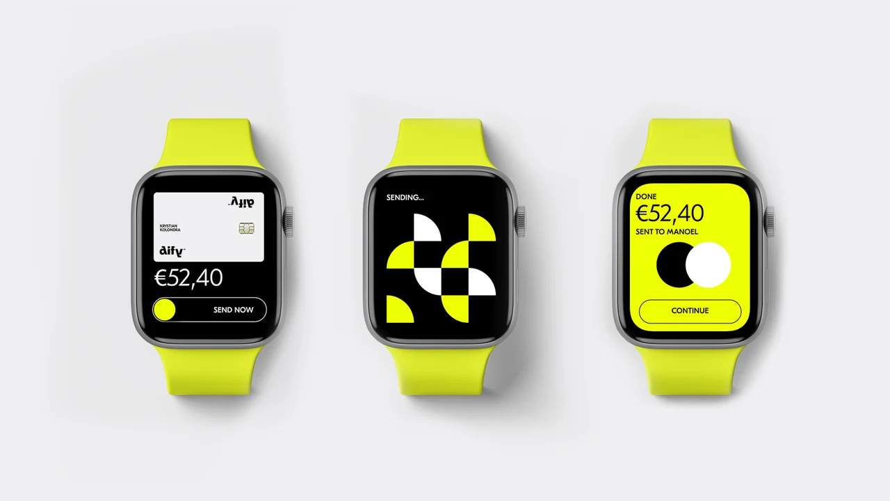 Three watches with yellow straps show a balance, a graphic and a payment confirmation from the Dify system.