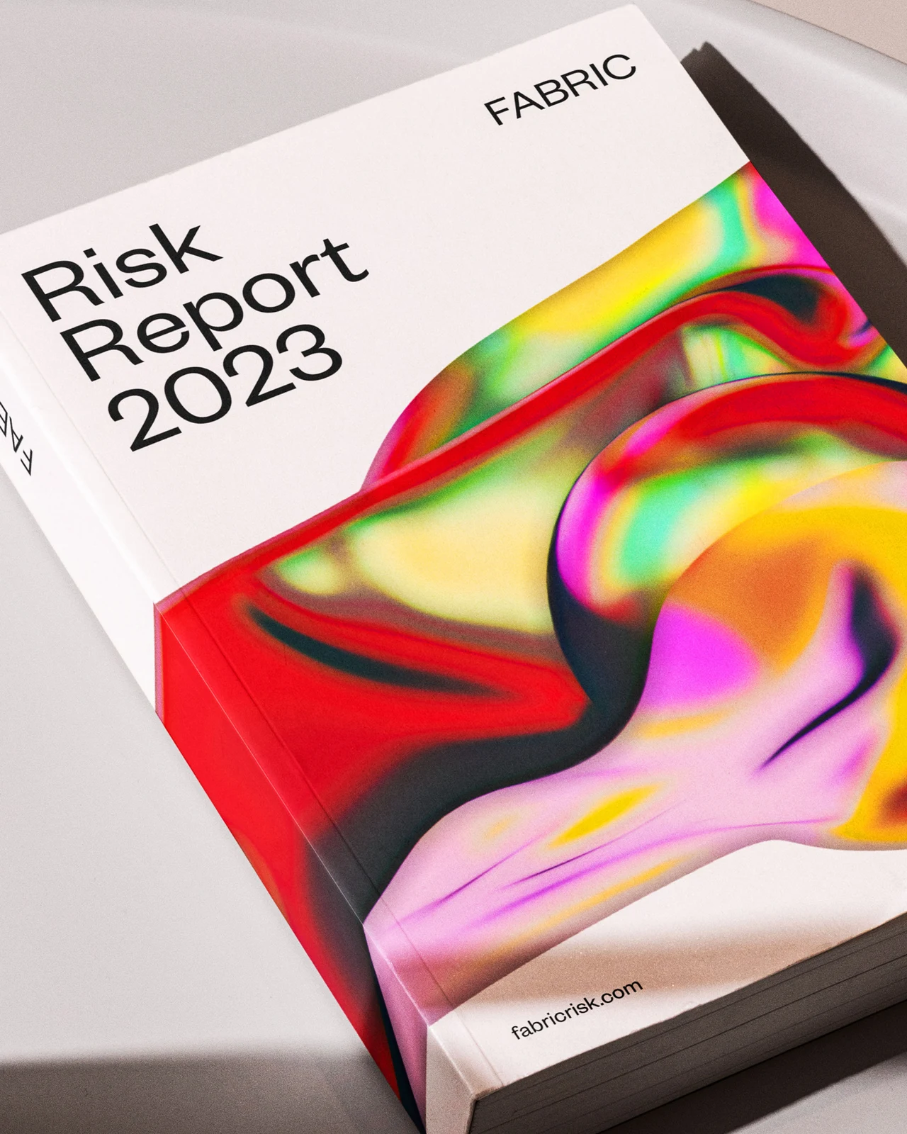 The white cover of Fabric’s “Risk Report 2023” features a fluid shape with glossy multicolored reflections and simple black typography.