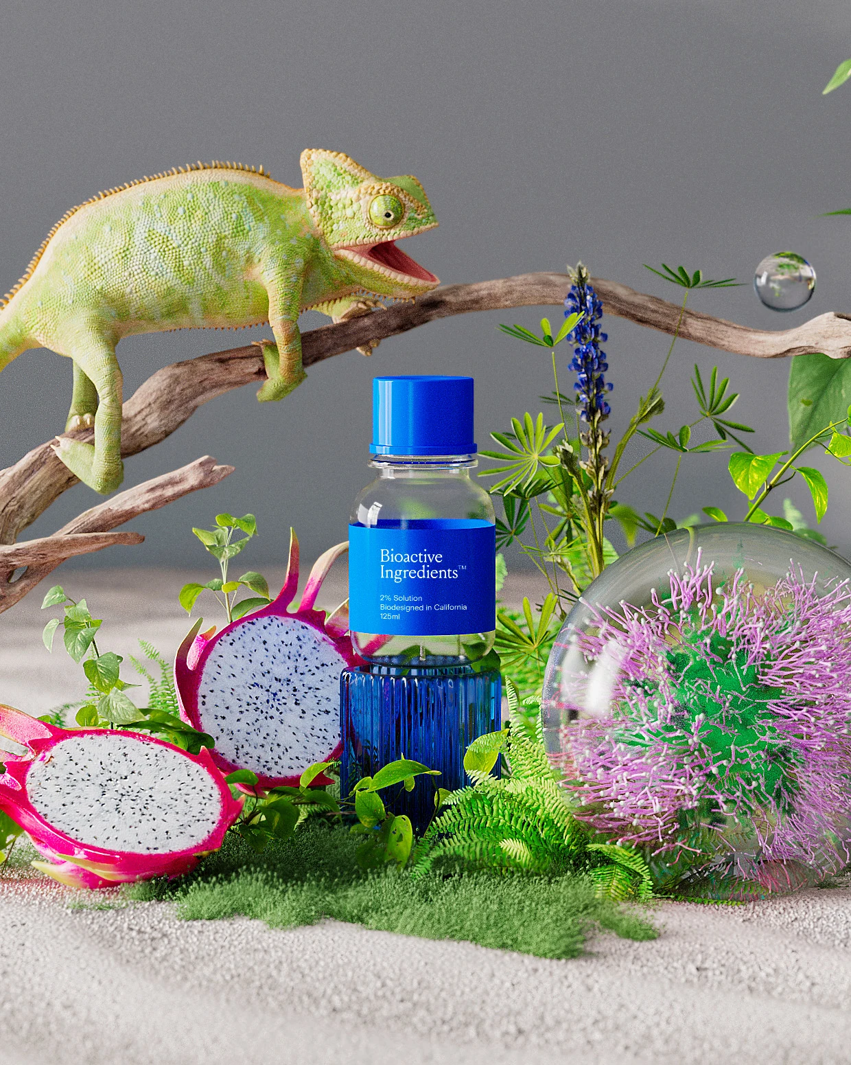 Vertical 3D composition featuring a chameleon on a branch, blue Geltor bottle, sliced dragon fruit, moss and a transparent botanical sphere.