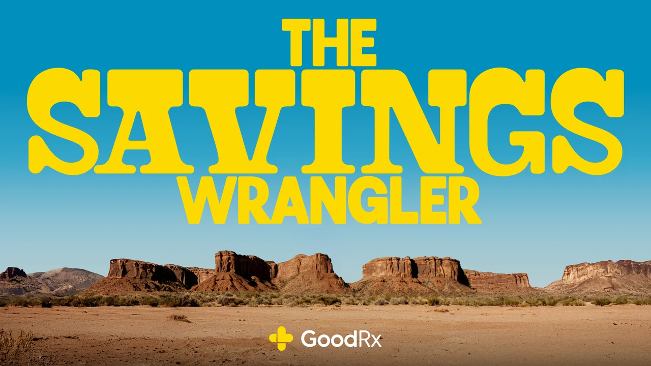 The Savings Wrangler in yellow Western display type over a desert of red mesas under a blue sky, with the GoodRx logo below.