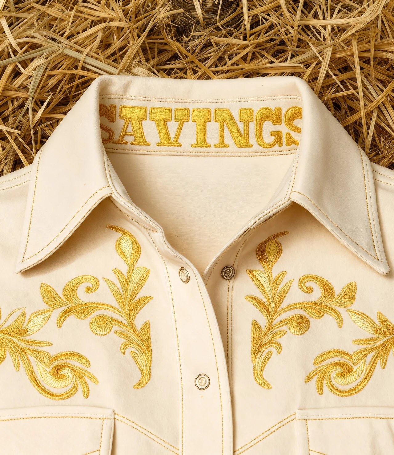 Cream Western shirt with gold floral embroidery and Savings stitched inside the collar, lying on a bed of hay.