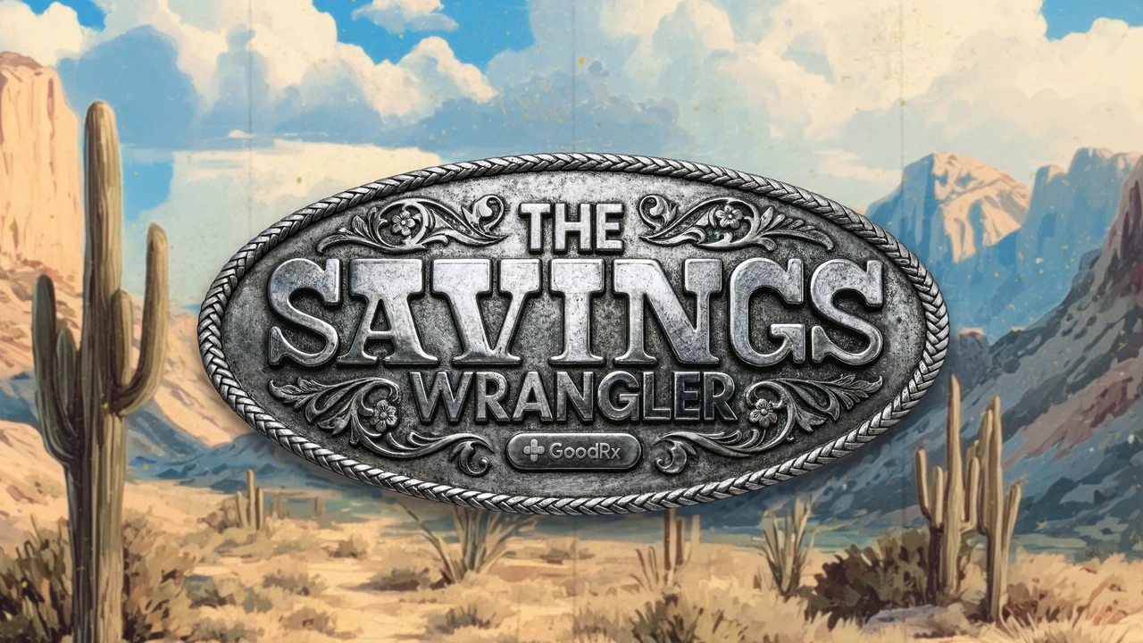 Engraved silver belt buckle reading The Savings Wrangler with the GoodRx logo, set over a painted desert with saguaro cacti and blue mountains.
