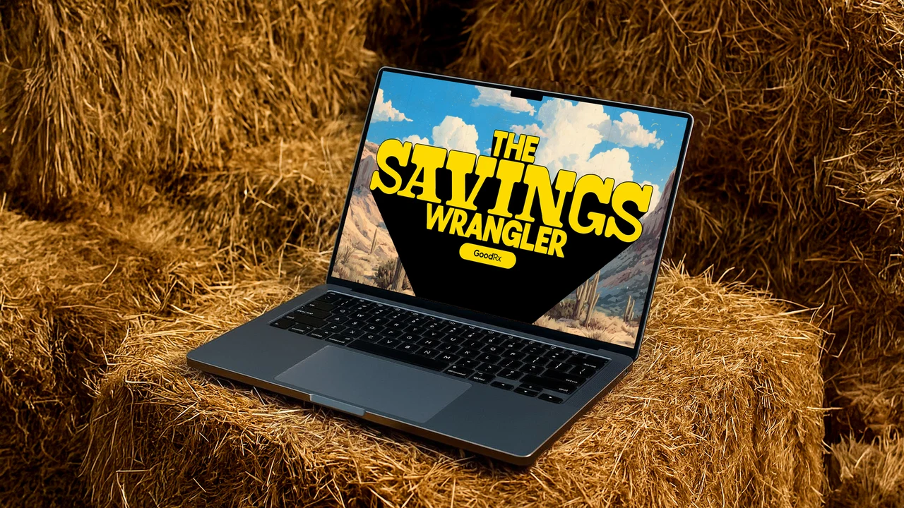 Laptop on hay bales showing The Savings Wrangler in yellow over a black banner and a painted desert sky.