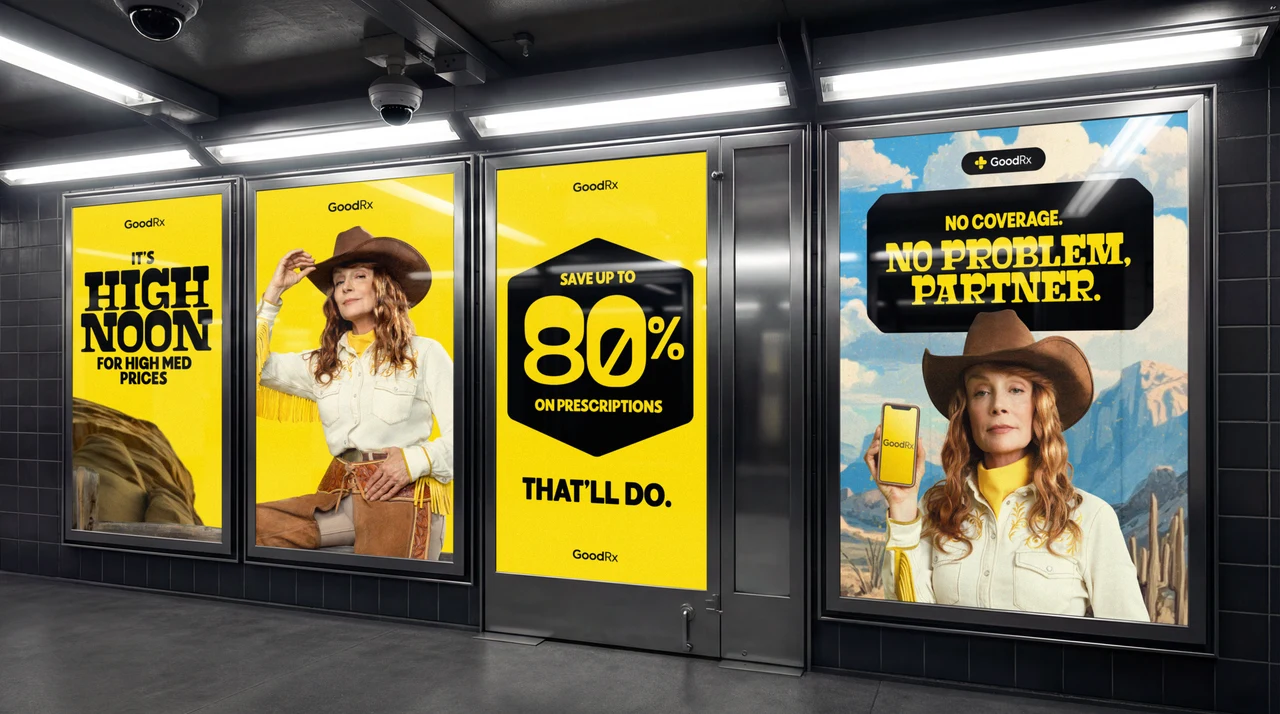 Subway station wall with four lit GoodRx posters: It's High Noon for High Med Prices, the cowgirl, Save up to 80% on Prescriptions and No Coverage. No Problem, Partner.
