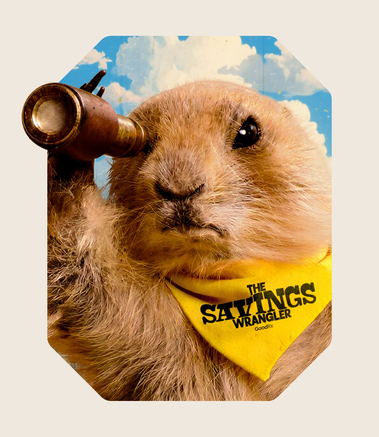 Prairie dog peering through a brass spyglass, wearing a yellow The Savings Wrangler bandana, inside an octagonal frame of sky on cream.