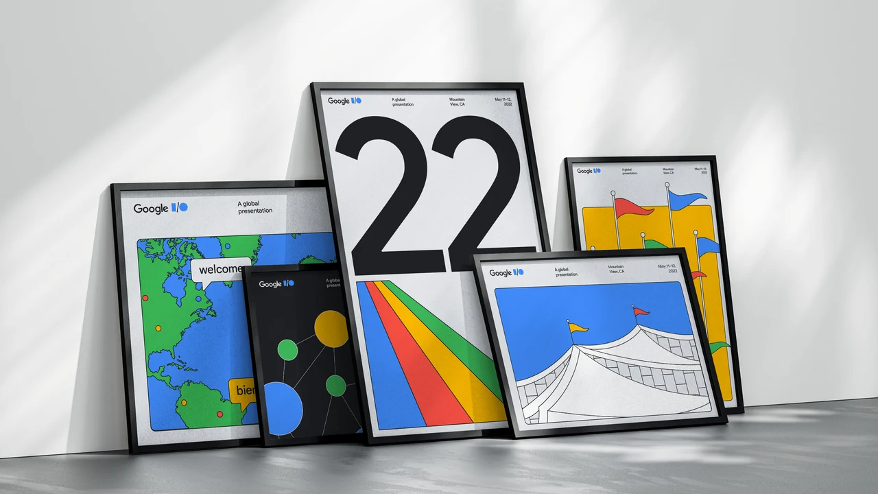 Cinco cartazes Google I/O em molduras pretas compõem uma apresentação horizontal com grande “22”, mapa verde e azul, bandeiras e cobertura arquitetônica desenhada.